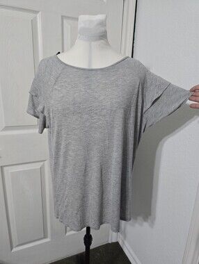 H&M LOGG Gray Heather Ruffle Sleeve Top M Modal Scoop Neck Casual XL Y2K Clean